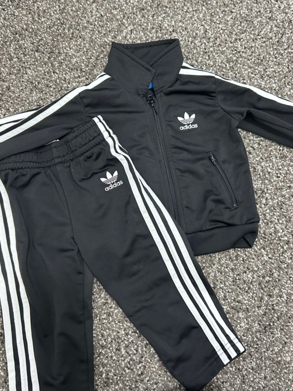 Adidas Black Kids Sweatpants & Track Jacket with White Stripes 6-9M
